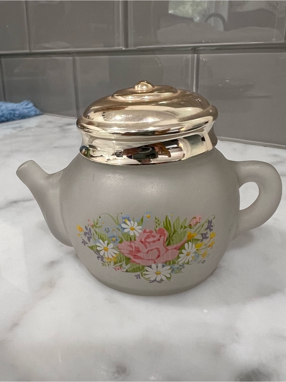Vintage Avon Floral Glass Teapot with Gold Lid